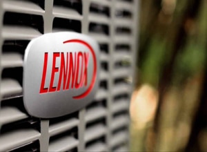 Closeup of Lennox logo on AC unit