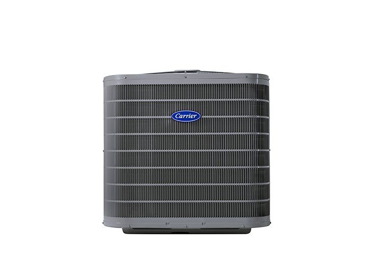 Gray Carrier residential air conditioning unit with blue logo, front view