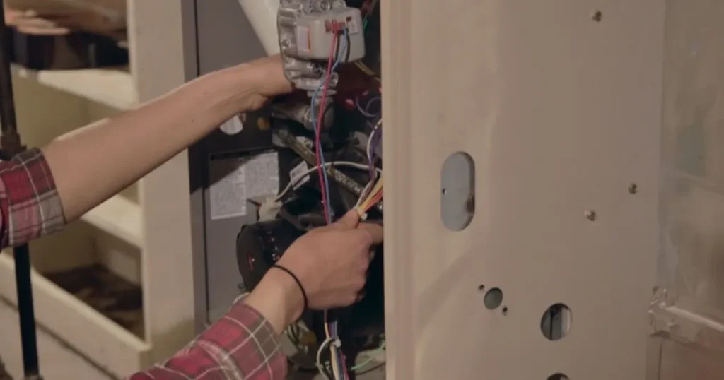 A technician is performing a repair on a high-efficiency residential gas furnace in Portland basement.